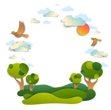 Çayır ve ağaçların doğal peyzaj, kuşlar ve güneş ile bulutlu gökyüzü, kopya alanı ile çerçeve arka plan, kağıt kesim vektör illüstrasyon. Kırsal yaz tatili, seyahat ve Turizm.