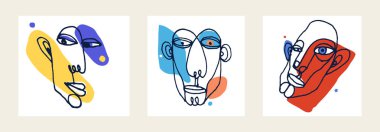 Soyut yüz vektör portresi seti, soyut sanat adamı kafası, el çizimi minimal modern sanat eseri, insan yüzü soyutlaması.