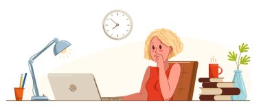Kız ofis çalışanı, iş vektör düz çizim üzerinde yoğunlaşmış, ciddi bir özenli işçi ciddi bir proje üzerinde düşünüyor, rahat bir işyeri..