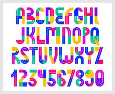 Çocuklar renkli geometrik yazı tipi vektör alfabesi, çocuk oyun tipi, orijinal harfler logo oluşturma, büyük harf ve sayılar için kullanılabilir.