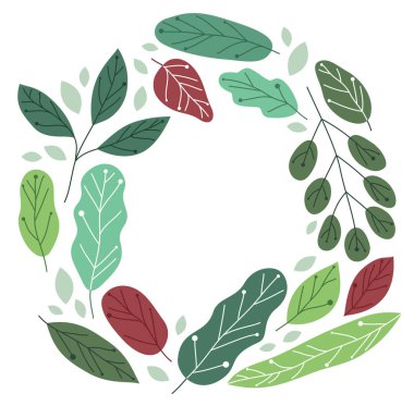 Taze yeşil yapraklı yuvarlak çerçeve düz vektör stili izole edilmiş, mükemmel çiçek sınırı, bahar ve yaz teması.