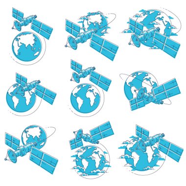 Dünya 'nın yörüngesinde uçan uydular, güneş panelleri ve uydu anten plakalı iletişim teknolojisi uzay istasyonu. İnce çizgi 3d vektör çizimleri izole edildi.
