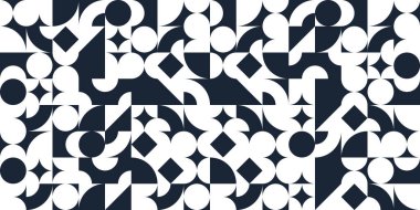 Geometrik soyut düz desenli siyah beyaz geometri, 70 'ler tarzında duvar kağıdı arka planı, Bauhaus yapıcı tarzı fayanslar..