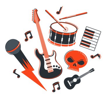 Rock müzik grubu vektör düz illüstrasyon beyaz zemin üzerinde izole edilmiş, hard rock ve heavy metal canlı müzik festivali veya konser, rock n roll müzik grubu, gece kulübü partisi.