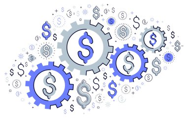 Ekonomi sistemi ve iş konsepti, dolar işaretleri ve ikon setli dişliler ve dişliler mekanizması, sistematik iş ve finans faaliyetlerinin kinayeli tasarımı, vektör illüstrasyonu.