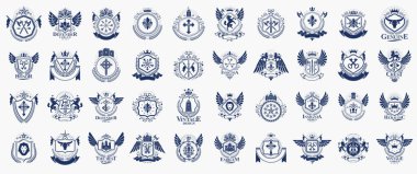 Klasik Heraldik amblem vektör seti, antika herallik sembolik rozetler ve ödüller koleksiyonu, klasik tarz tasarım unsurları, aile amblemleri.