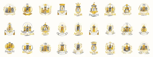 Vintage Kastelen Vector Logo Emblemen Heraldische Design Elementen Grote Set — Stockvector