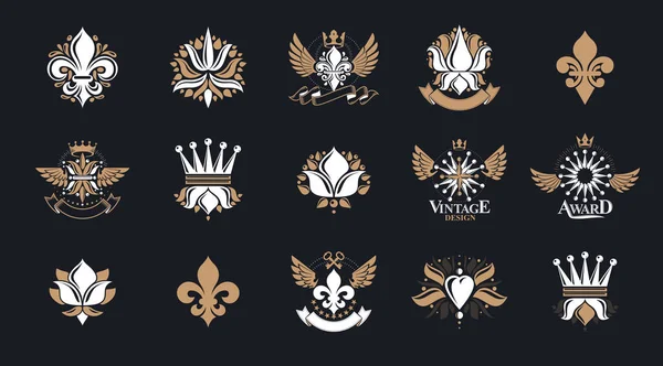 Lis Vintage Címeres Emblémák Vektor Nagy Készlet Antik Címeres Jelvények — Stock Vector