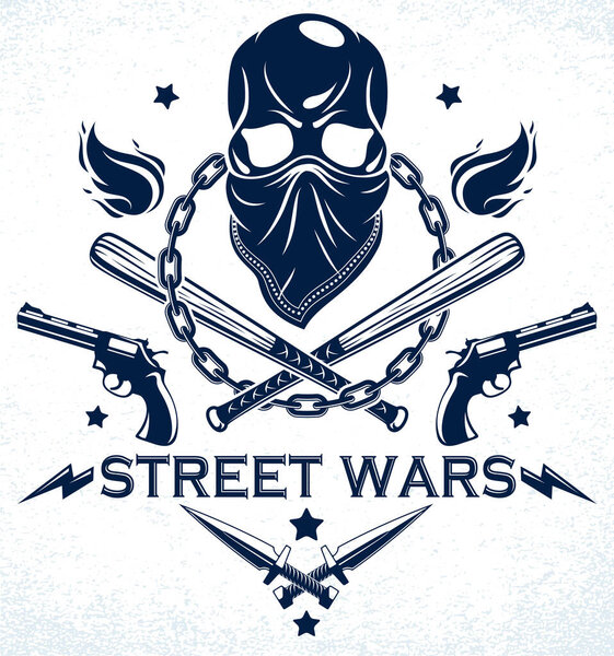 Brutal gangster emblem or logo with aggressive skull baseball bats and other weapons and design elements, vector anarchy crime or terrorism retro style, ghetto revolutionary.