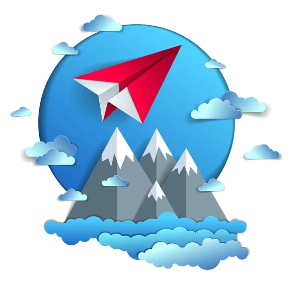 Papírové Letadlo Letící Zatažené Obloze Nad Malebnou Krajinu Pohoří Origami — Stockový vektor