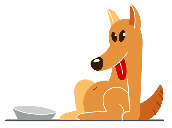 Divertido Perro Dibujos Animados Sentado Cerca Tazón Saciado Feliz Vector — Archivo Imágenes Vectoriales