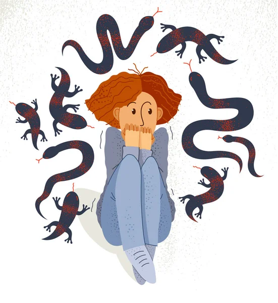 Herpetophobia Φόβος Των Ερπετών Φίδια Και Σαύρες Διανυσματική Απεικόνιση Κορίτσι — Διανυσματικό Αρχείο