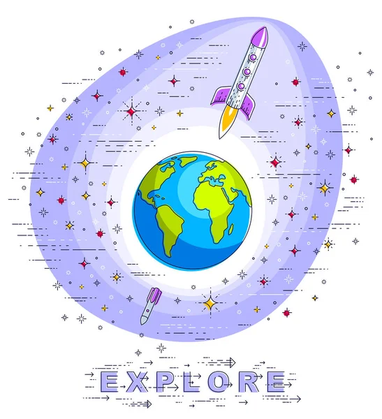 Planeta Tierra Espacio Rodeado Estrellas Cohetes Asteroides Otros Elementos Tierra — Vector de stock