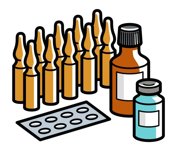Медична Аптека Тема Медичні Пляшки Таблетки Ампули Векторні Ілюстрації Ізольовані — стоковий вектор