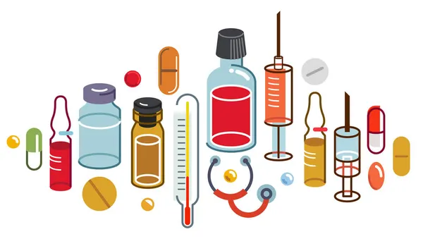 薬の大きな組成セットベクトルフラットイラスト隔離された 薬局の薬の付属品ボトルや薬やアンプル 医療や癒しの医療テーマのデザイン — ストックベクタ