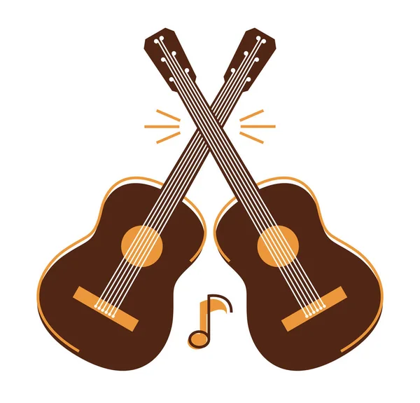 Two Acoustic Guitars Crossed Vector Emblem Festival Concert Player Isolated — Stock Vector