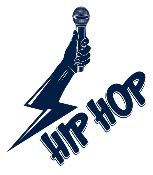 Hip Hop 韻祭コンサートまたは夜クラブ党ラベル シャツ プリントの形で手でマイクを使って音楽のベクトルのロゴやエンブレムをラップします — ストックベクタ
