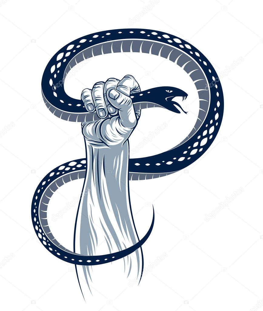 Hand squeezes a snake, fight against evil devil and Satan, control your inner beast animal, archetype shadow, life is a fight concept, vintage vector logo or tattoo.