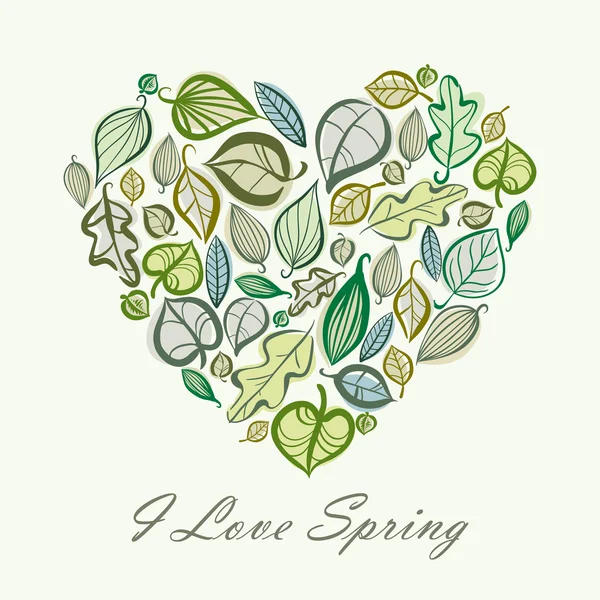 Diseño de la tarjeta de primavera con corazón hecho de hojas, ilustración vectorial — Vector de stock