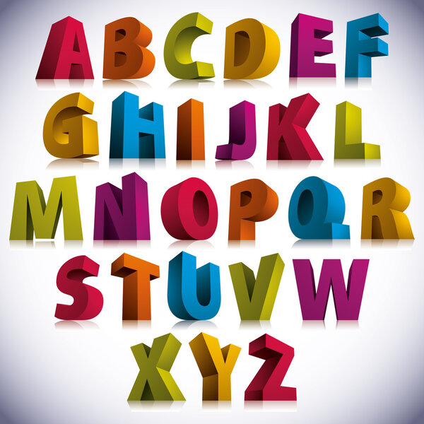 3D font, big colorful letters standing.