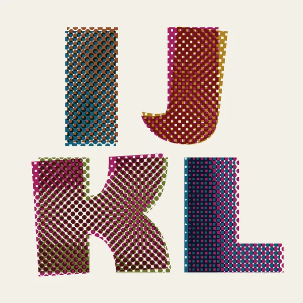 Halftone puntjes lettertype, vuile grunge kleurenpixels afdrukken textuur lett — Stockvector