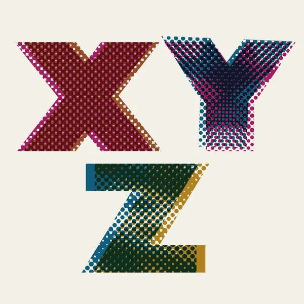 Halftone gestippelde lettertype, vuile grunge kleurenpixels afdrukken textuur le — Stockvector