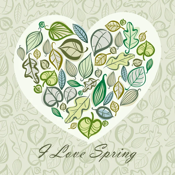 Conception de carte de printemps avec coeur fait de feuilles . — Image vectorielle
