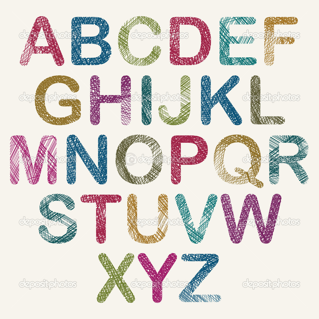 Hand drawn and sketched color rounded font, vector sketch style 