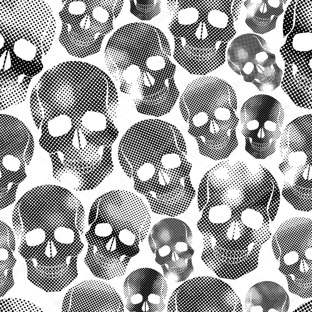 Skulls with halftone print texture seamless background, black an