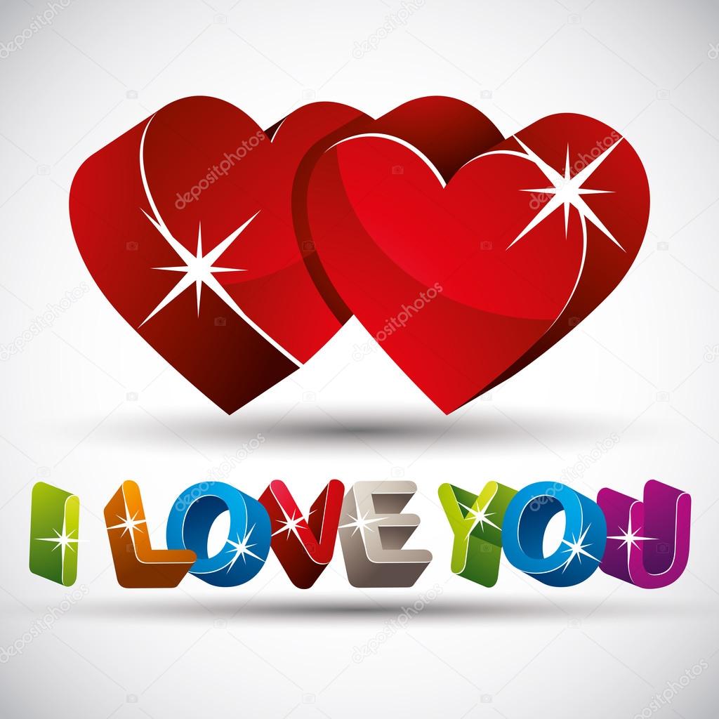 I love you phrase made with 3d colorful letters and two red hear