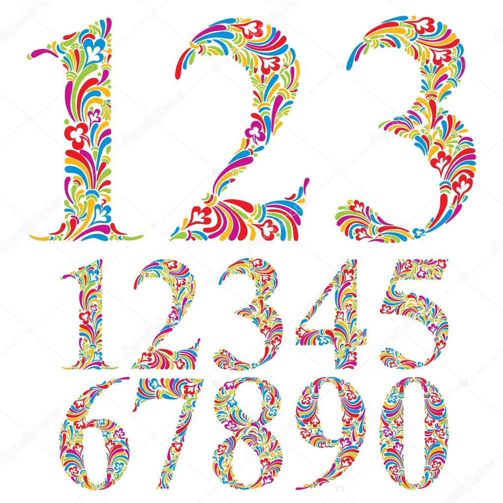 Floral colorful numbers set.