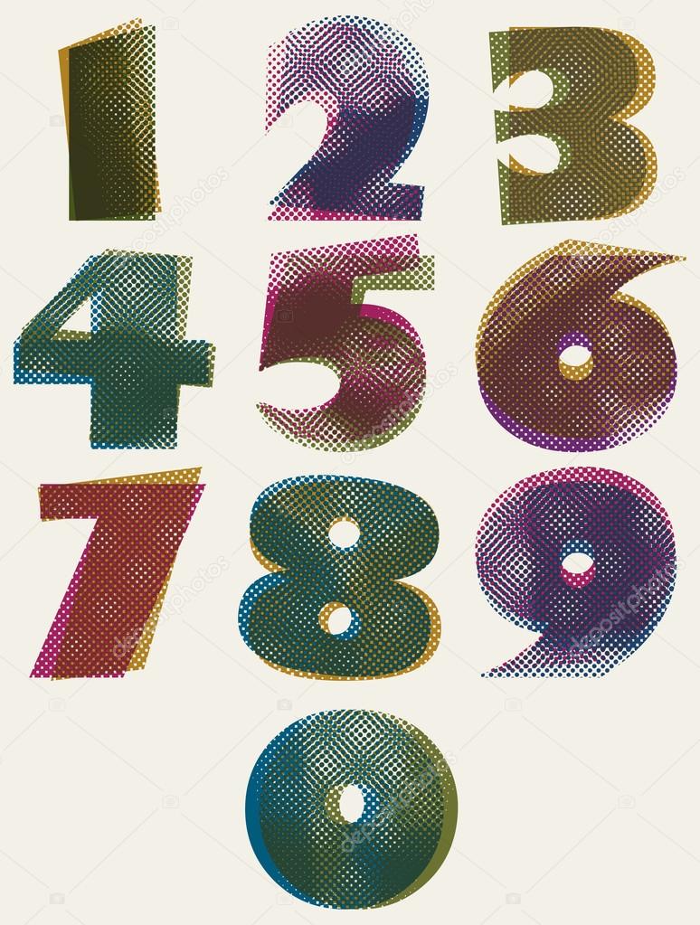 Halftone dots bold numbers, dirty color pixels print texture num