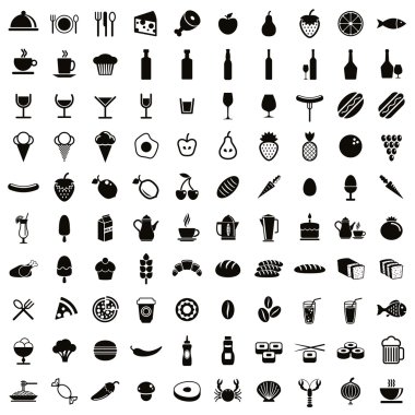 100 yiyecek ve içecek Icons set.