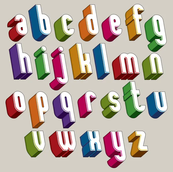 Fonte 3d, lettres vectorielles colorées, alphabet géométrique dimensionnel — Image vectorielle