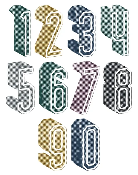 Números geométricos 3d con texturas de puntos de medio tono . — Vector de stock