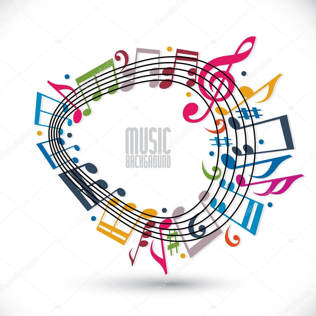 Colorful music background with clef and notes, music sheet in ro