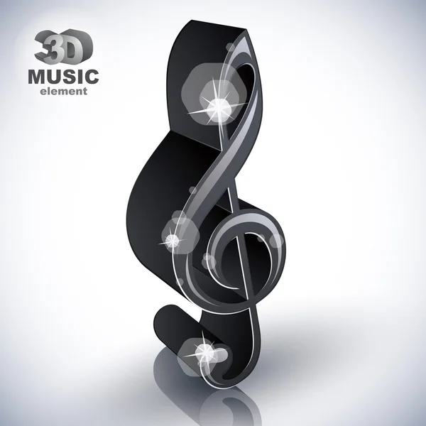 Treble clef 3D-zwarte muziek ontwerpelement, vectorillustratie. — Stockvector
