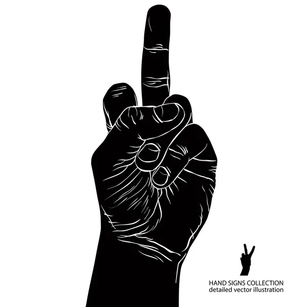 Middle finger hand sign, detailed black and white vector illustr — Stock Vector