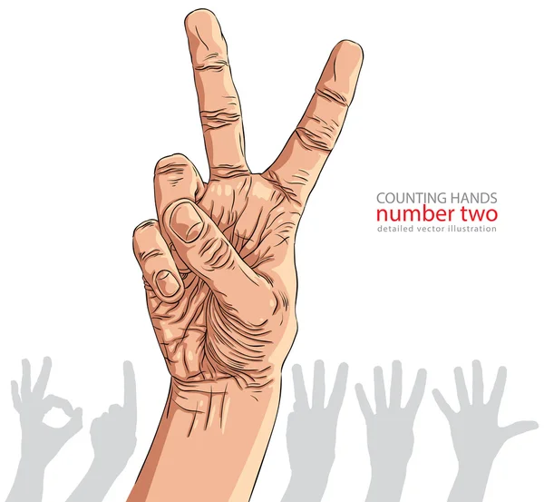 Números mão sinais definidos, número dois, ilustração vetorial detalhada — Vetor de Stock