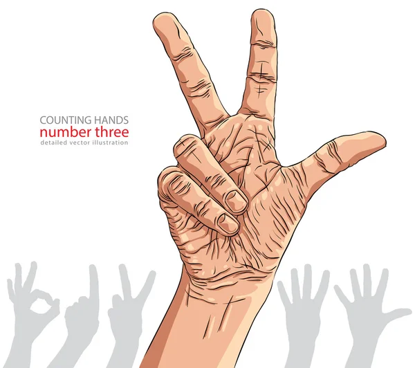 Numbers hand signs set, number three, detailed vector illustrati — Stock Vector