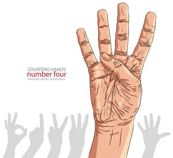 Numbers hand signs set, number four, detailed vector illustratio — Stock Vector