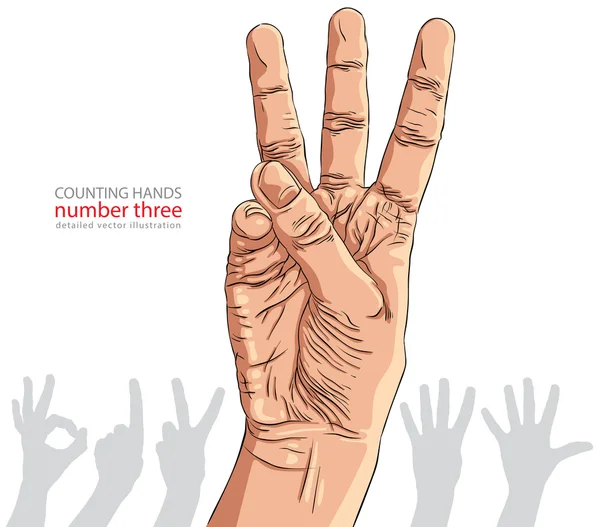 Numbers hand signs set, number three, detailed vector illustrati — Stock Vector