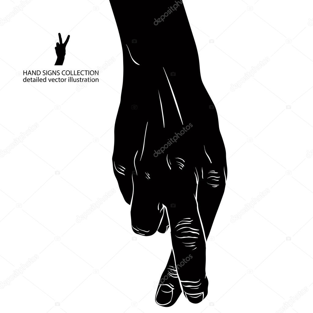 Cheater hand with crossed fingers, detailed black and white vect