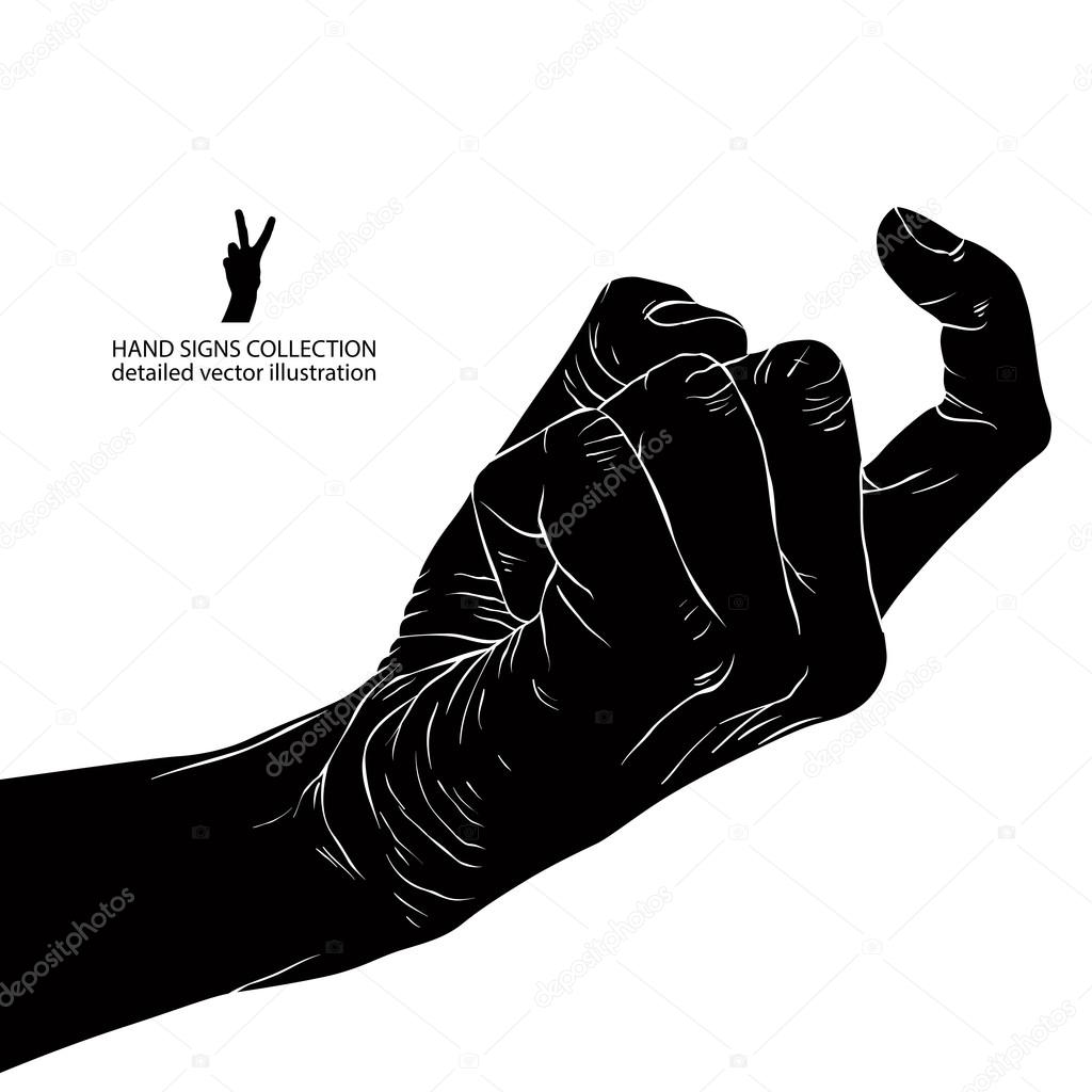 Come on hand sign, detailed black and white vector illustration.