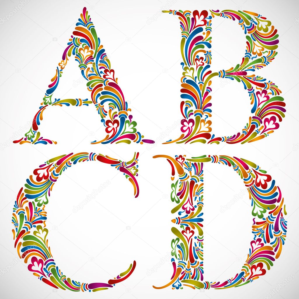 Ornate alphabet letters A B C D.