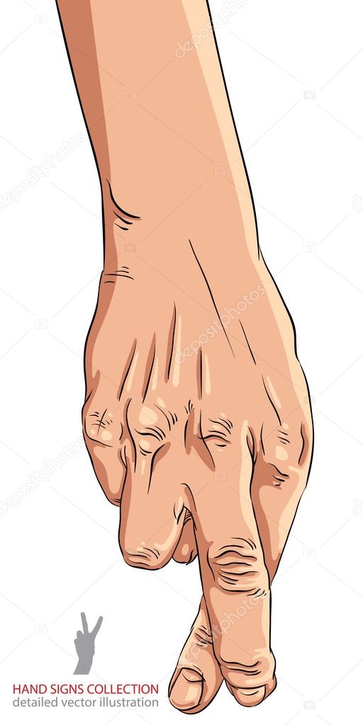 Cheater hand with crossed fingers, detailed vector illustration.
