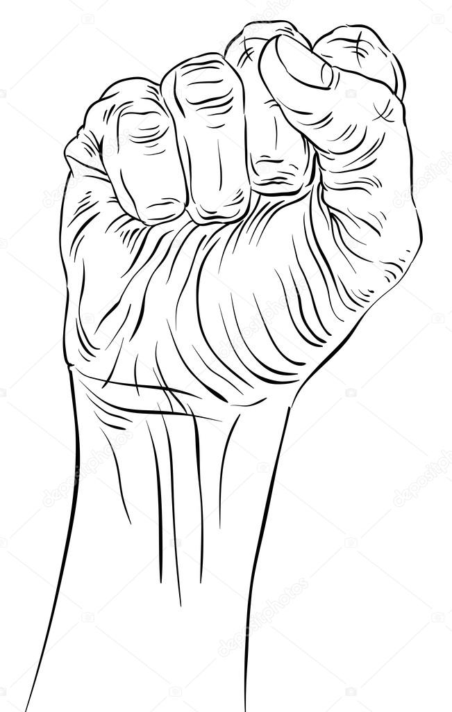 Clenched fist held high in protest hand sign, detailed black and