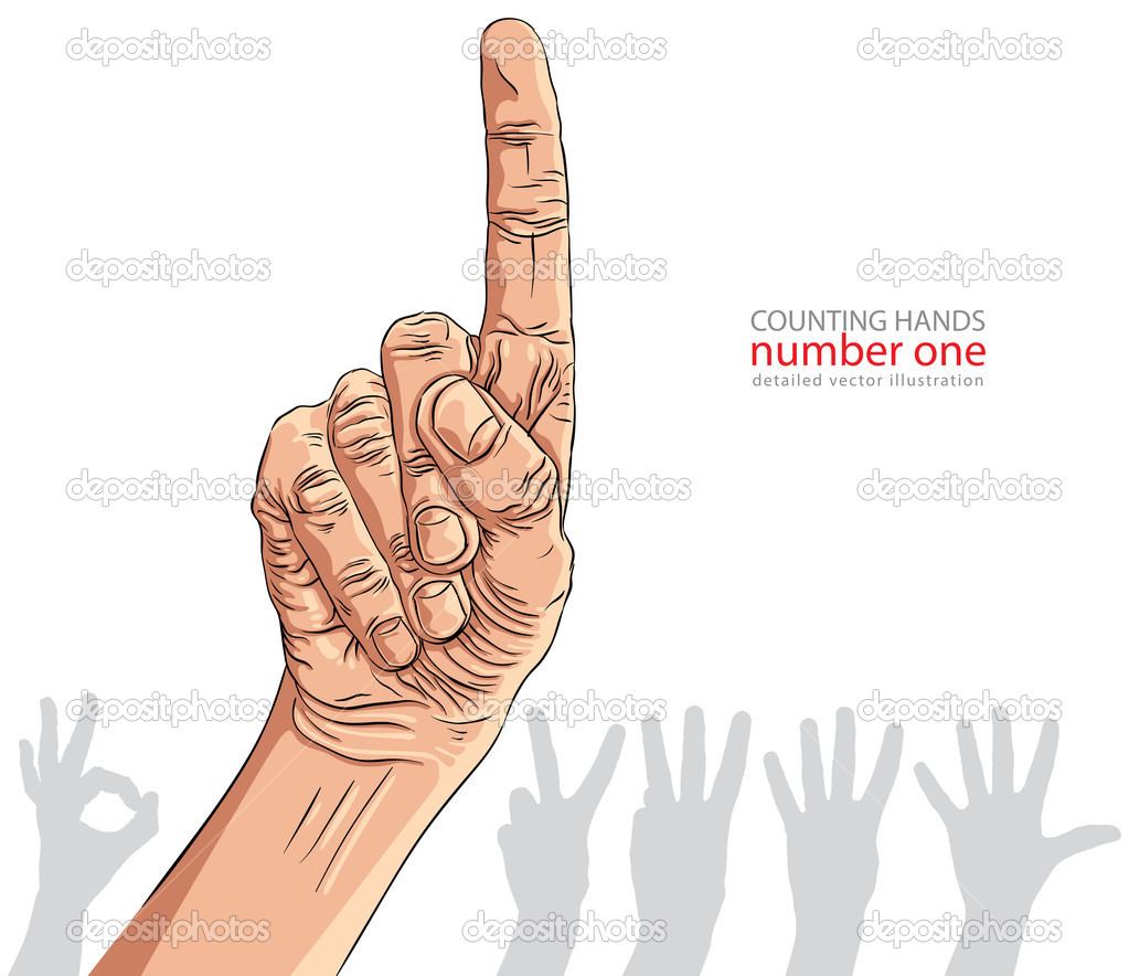 Numbers hand signs set, number one, detailed vector illustration
