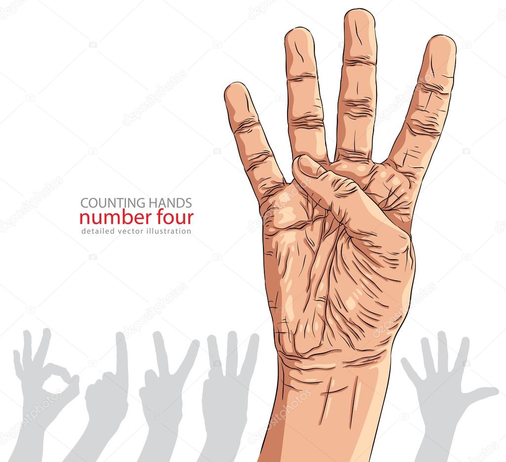 Numbers hand signs set, number four, detailed vector illustratio