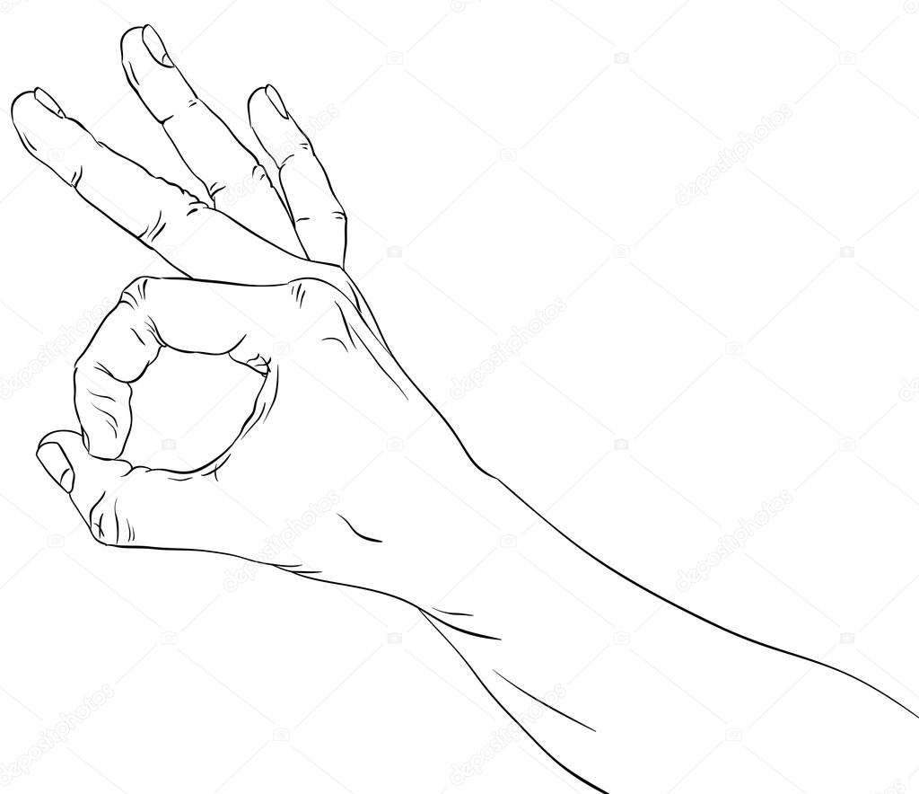 Okay hand sign, detailed black and white lines vector illustrati